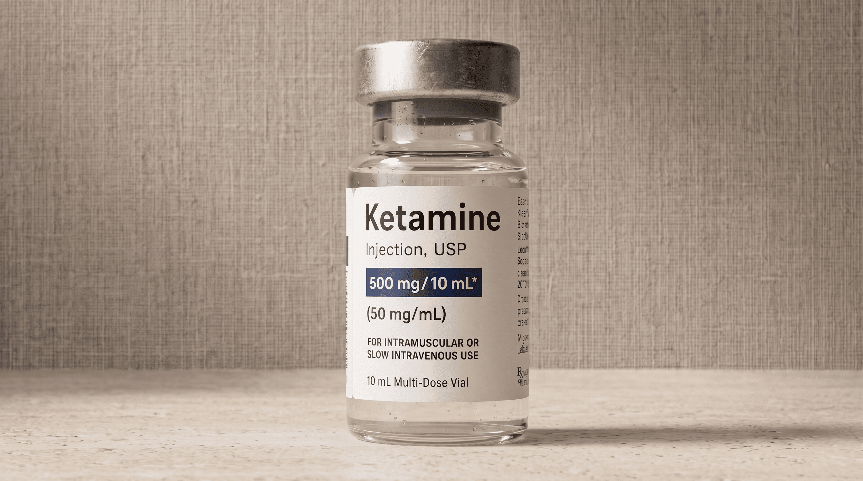 A vial of Ketamine Injection, USP 500 mg/10 mL resting on a linen surface