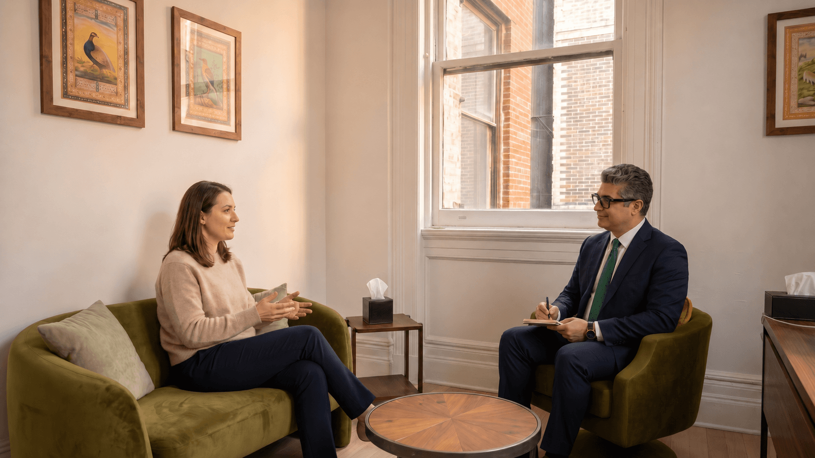 A client seated on a green sofa talking with a therapist taking notes in a bright office