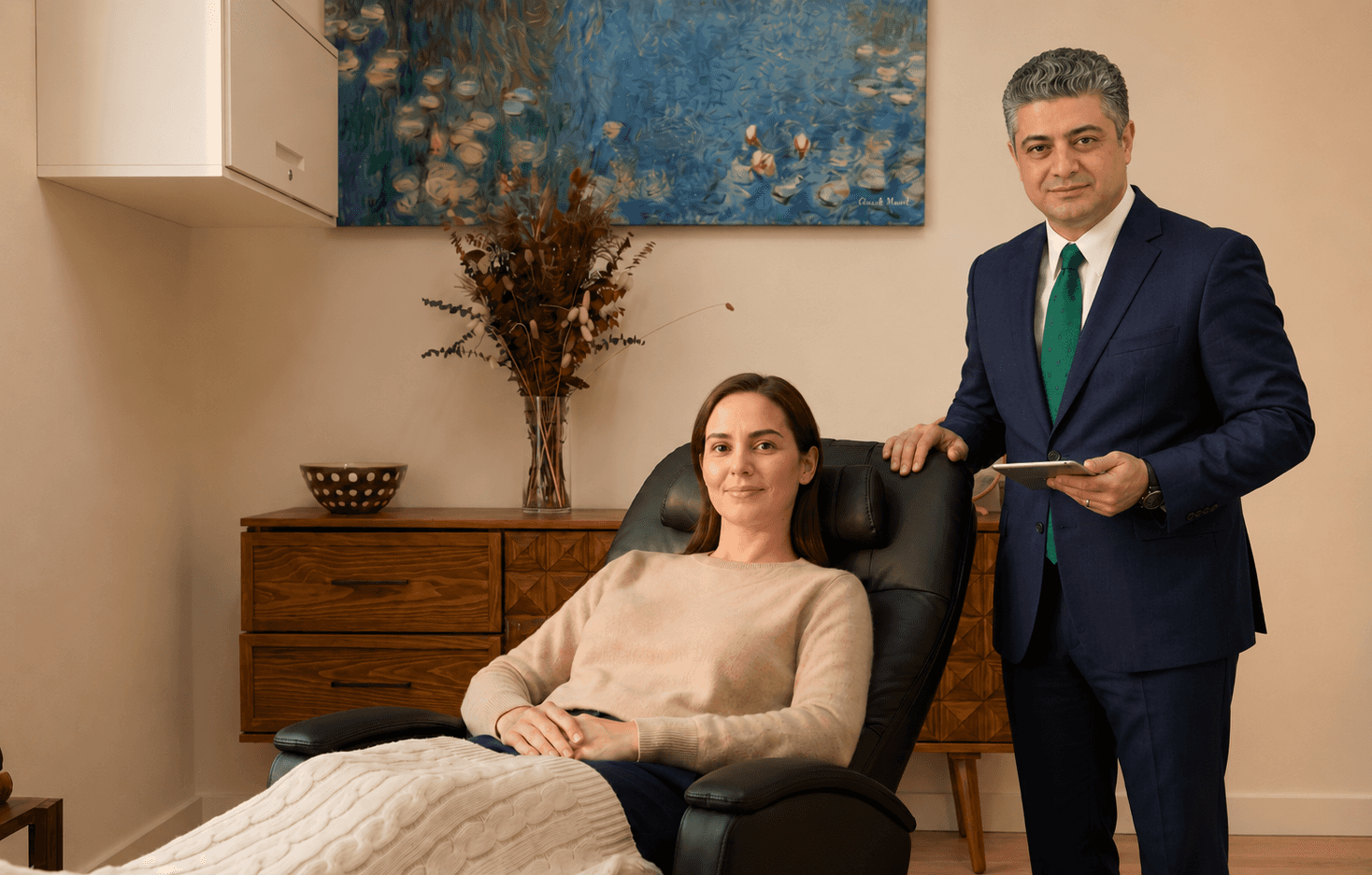 A psychiatrist in a dark suit standing beside a seated female patient in a warm living-room-style therapy office