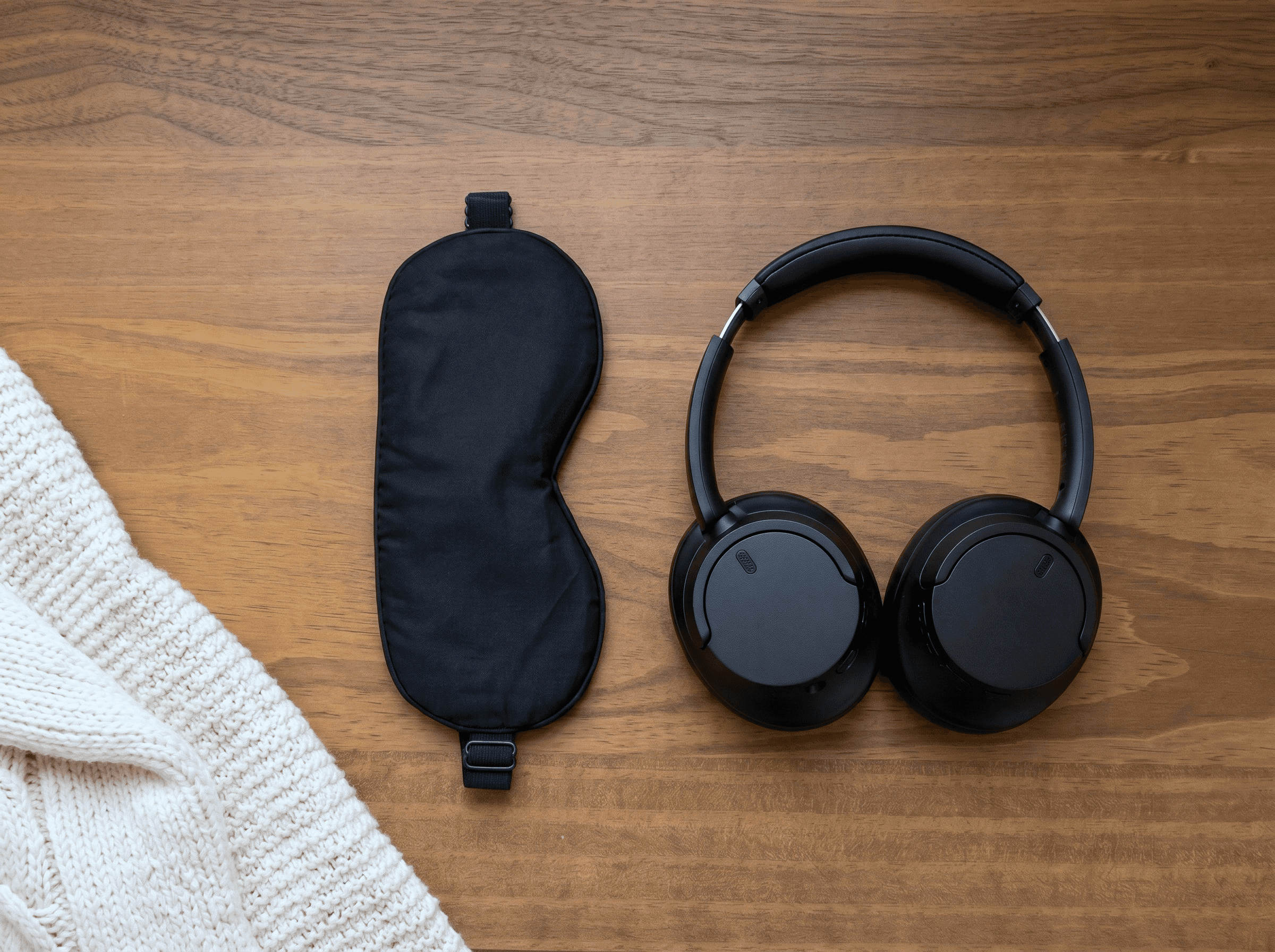 A soft eye mask and noise-cancelling headphones for a calm session