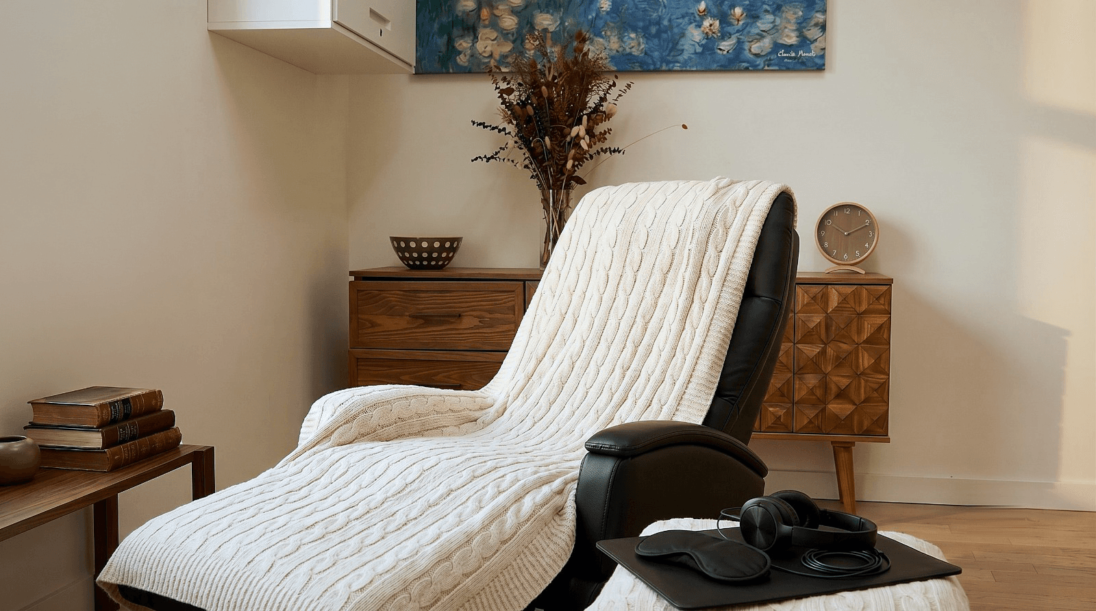 A calm treatment room with a reclining chair, side table, books and a wall clock