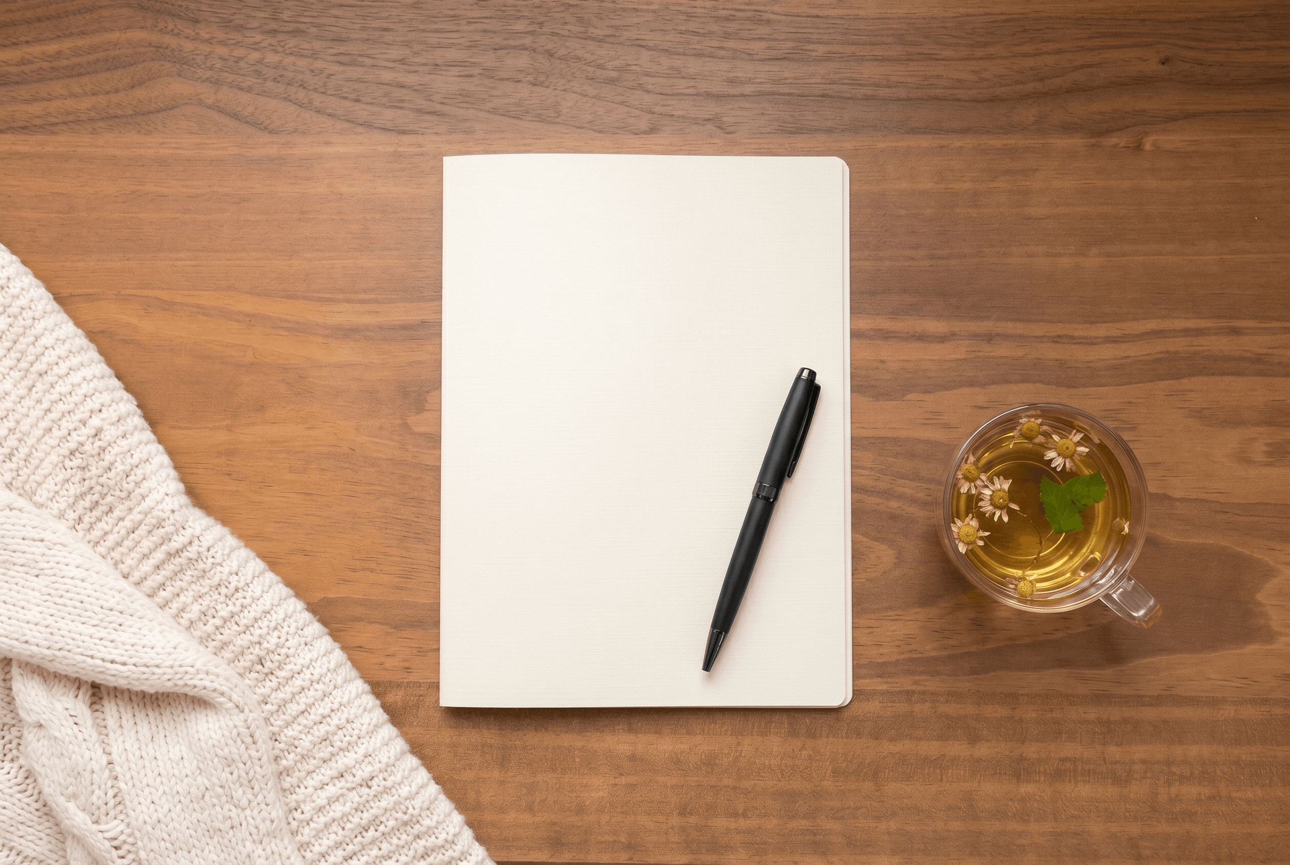 An open blank notebook with a black pen and a cup of herbal tea on a wooden table