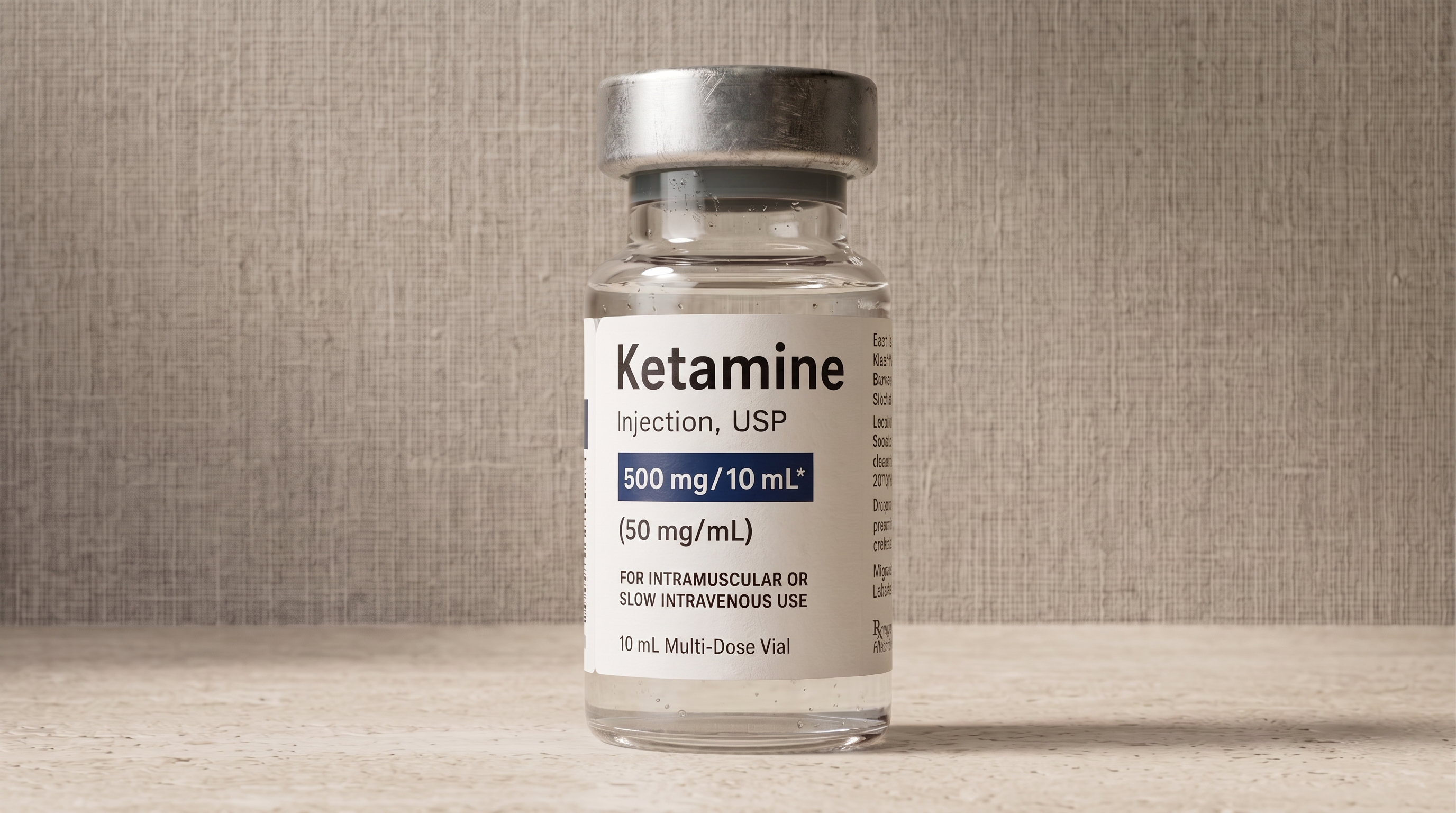 A vial of Ketamine Injection, USP 500 mg/10 mL resting on a linen surface