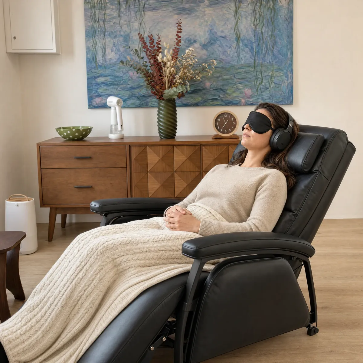 A patient resting in a black zero-gravity chair with an eye mask, headphones and a knit blanket in a calm treatment room