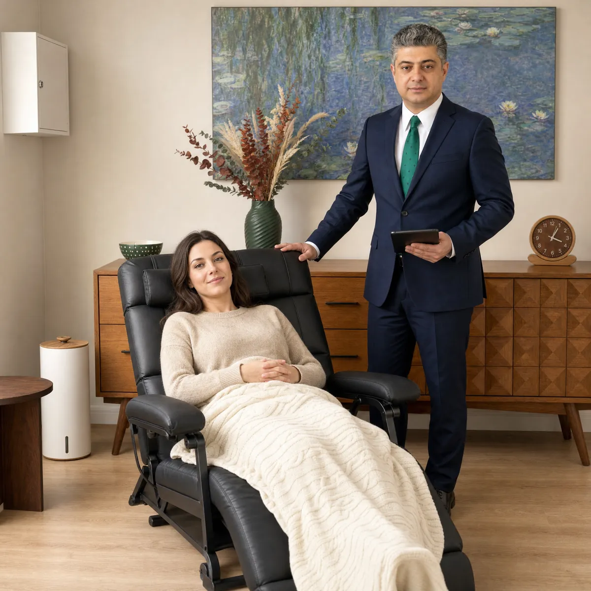 Dr. Omidvari standing beside a patient resting under a knit blanket in a black zero-gravity chair