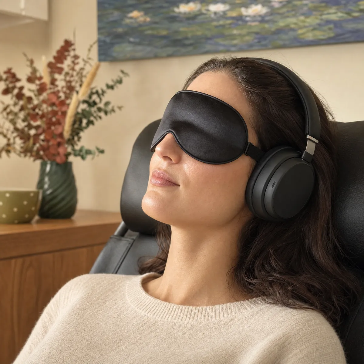 A woman resting in a black leather chair wearing a silk eye mask and over-ear headphones
