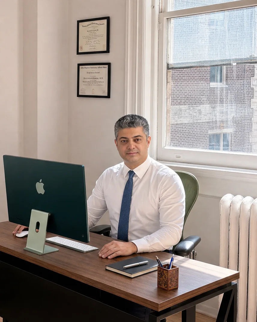 Dr. Omidvari at his desk in his Flatiron office, with his framed diplomas on the wall behind him