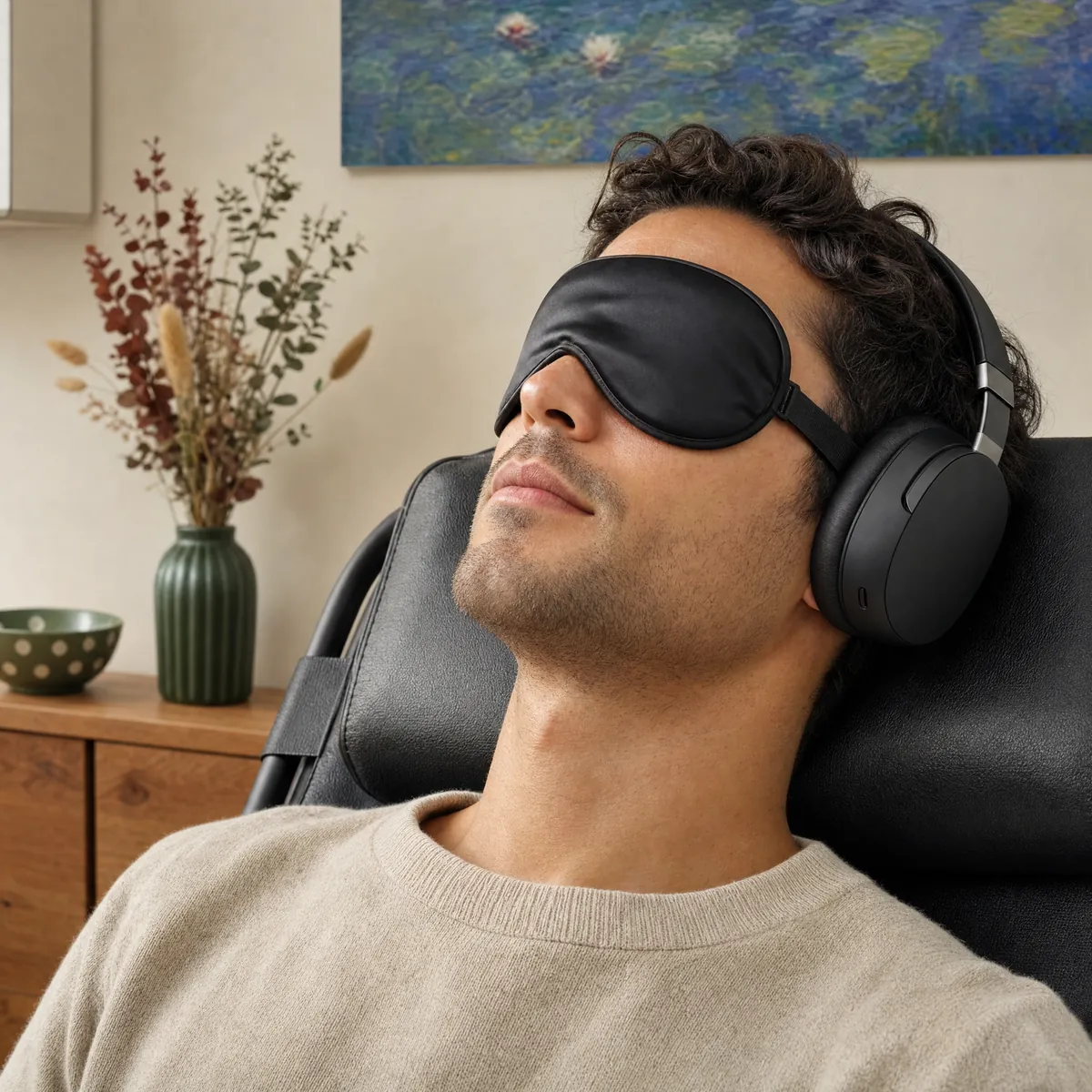 A man resting in a black leather chair wearing a silk eye mask and over-ear headphones in a calm treatment room