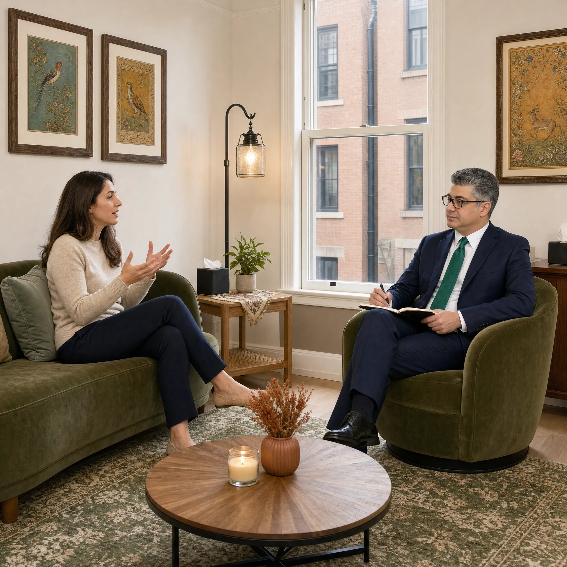 A patient on a green sofa talking with Dr. Omidvari, who takes notes in an armchair by a bright window